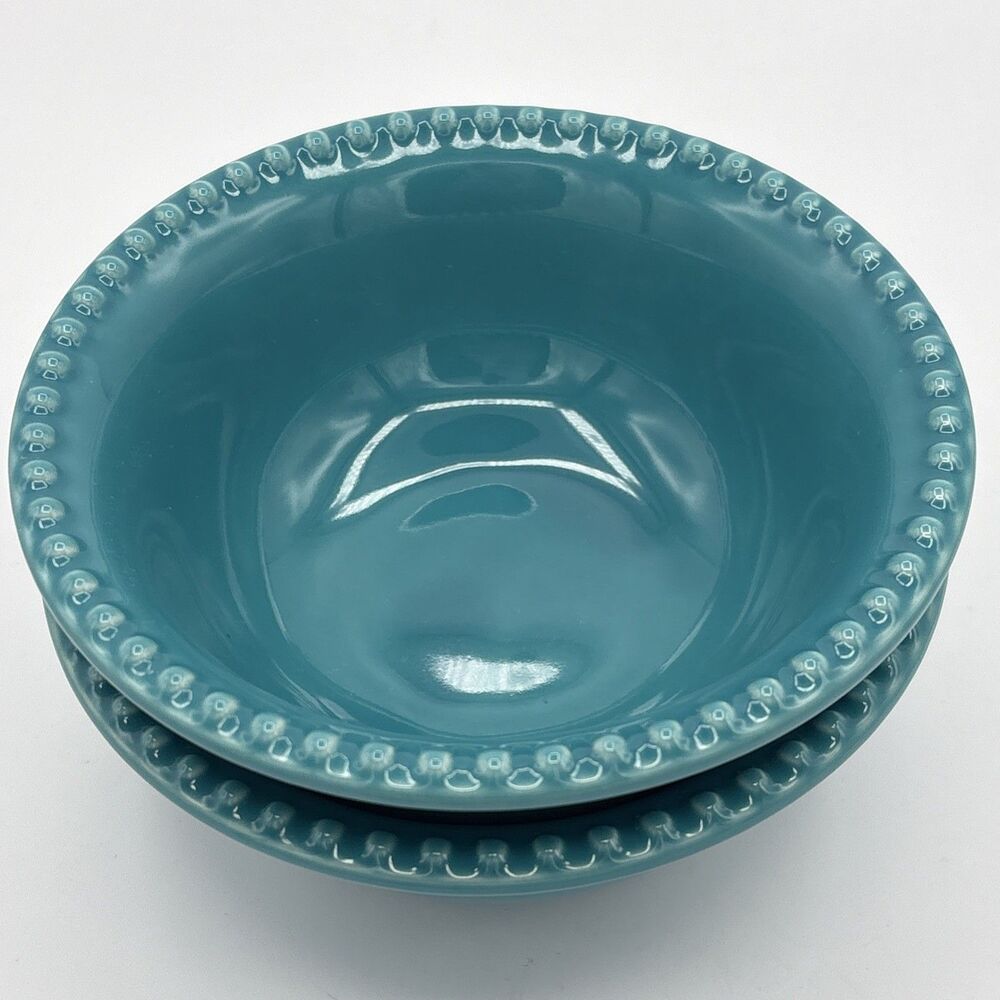 Set of 2 Harkerware Style 5.5” Bowls Beaded Rim Teal Blue/Green EUC Cereal Soup